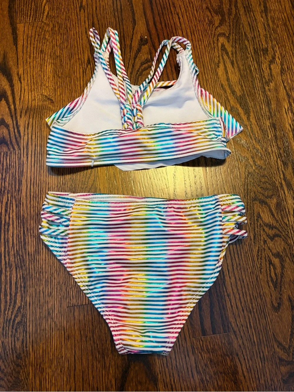 Girls' Size 8 Rainbow Striped Ruffle Bikini